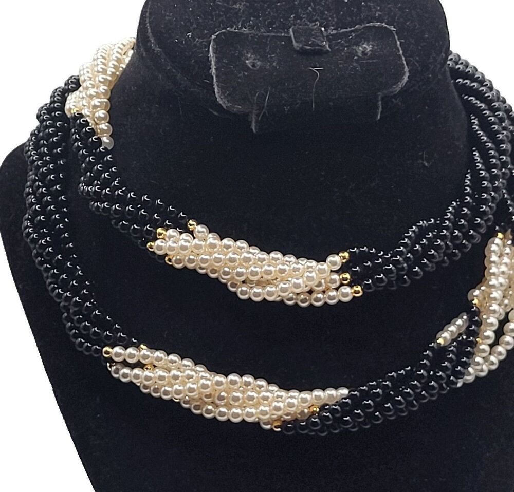 Vintage Black White Faux Pearl Twisted MultiStrand Statement Torsade Necklace 32